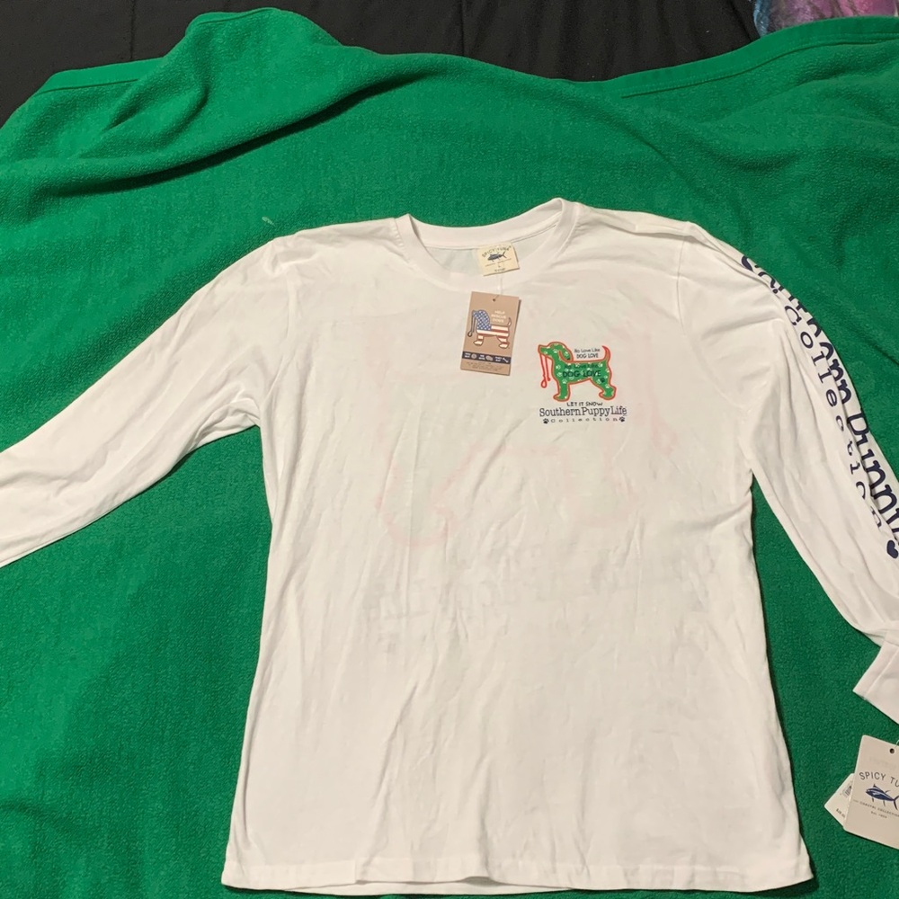 Spicy Tuna/Southern Puppy Life-  White Long Sleeve with Graphic and Text. NWT.